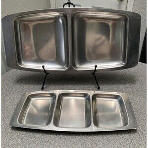 Vintage Midcentury Modern Metal Three/ Two Compartment Stainless Steel Set